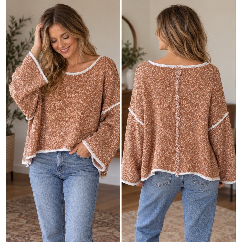 POL Sweater Women Large Orange Knit Exposed Seam Raw Hem Oversized Autumn